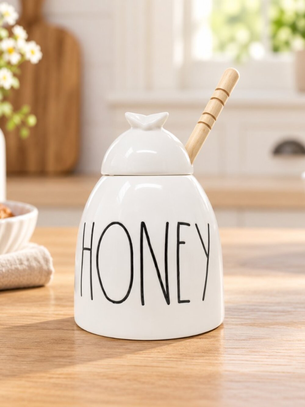 Rae Dunn HONEY Pot Ceramic Jar with Wooden Dipper Farmhouse Kitchen NWT